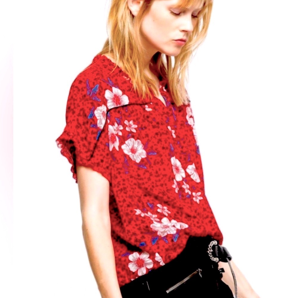 Zadig & Voltaire Short Sleeve Terson Pensee Red Floral Silk Blouse. Size Medium